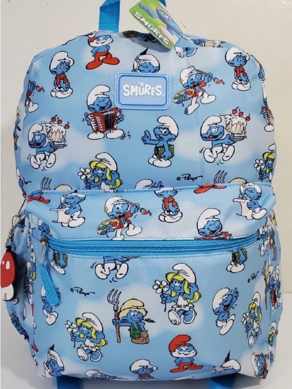 THE SMURFS BACKPACK KIDS ALLOVER PRINT THE SMURFS LOGO BOTTLE POCKET nwt